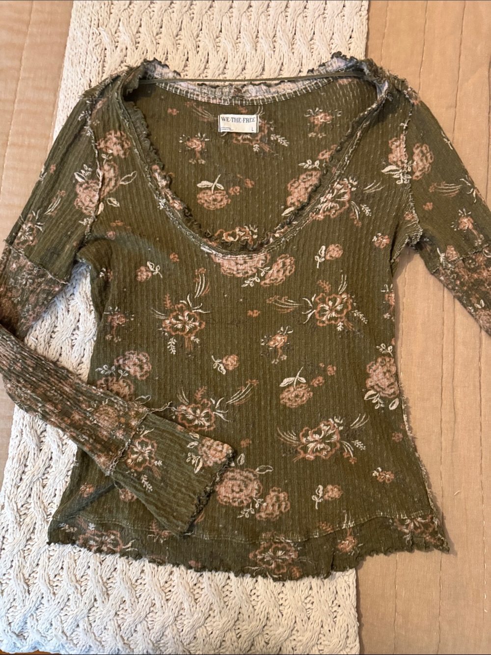 We The Free Olive Green Floral Ribbed Long-Sleeve Top
